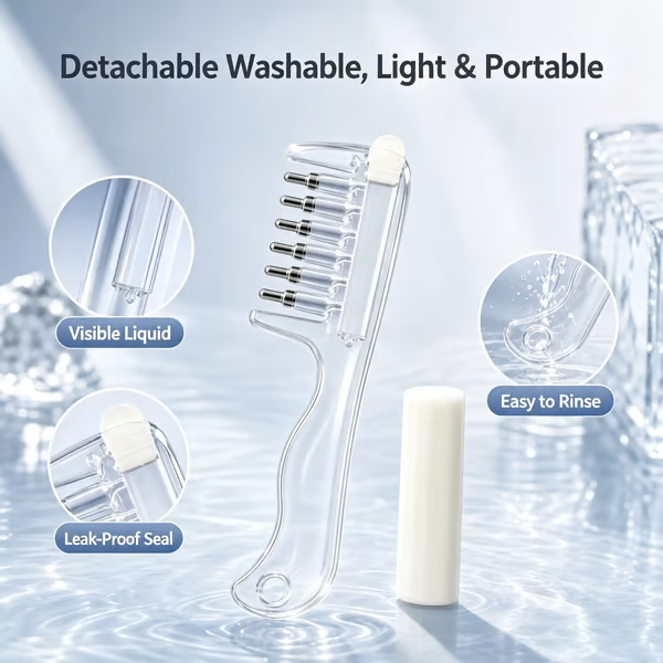 💧Refillable Scalp Oil Applicator Comb with 6 Metal Massage Tips – Even Root Serum Distribution & Scalp Stimulation for Hair Care