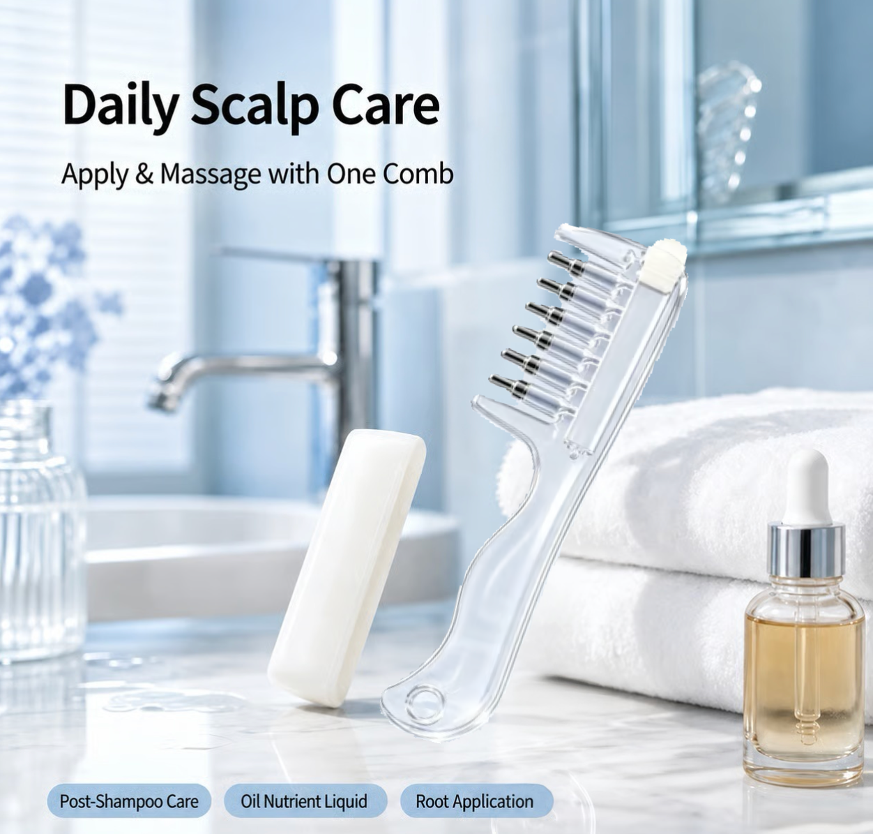 💧Refillable Scalp Oil Applicator Comb with 6 Metal Massage Tips – Even Root Serum Distribution & Scalp Stimulation for Hair Care